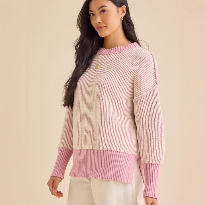 Damen lässiger Strickpullover mit modernem Rippenmuster und überschnittenen Schultern Drune