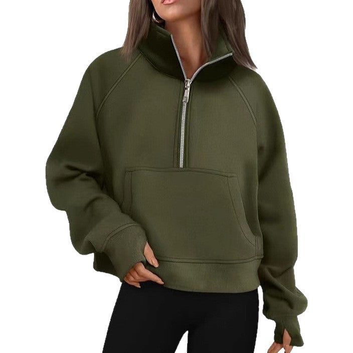 Damen nan oversized Halbzip Pullover mit Kängurutasche, Daumenlöchern und hohem Kragen Drune
