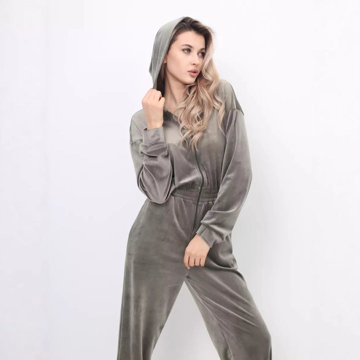 Damen Velours-Jumpsuit mit Kapuze und elastischem Bund Drune