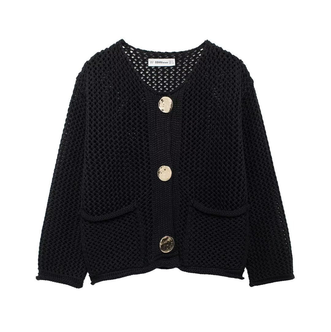 Damen lässige Strickjacke mit strukturiertem Lochmuster und praktischen Taschen Drune