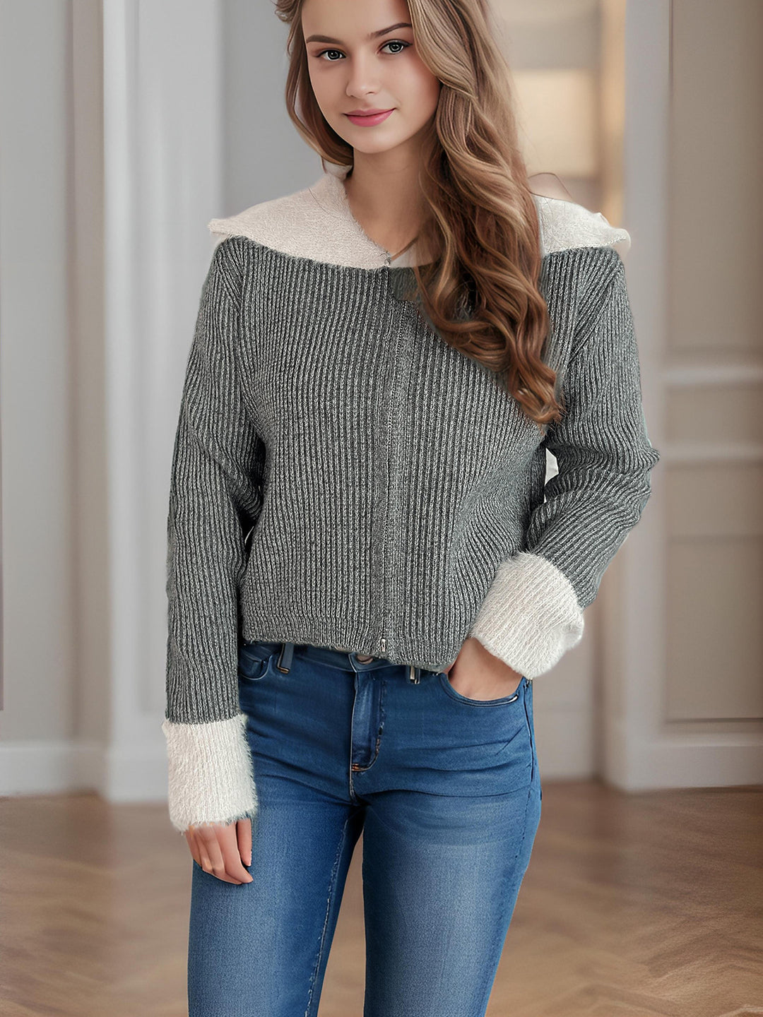 Damen bequeme Strickjacke mit praktischen Reißverschluss-Details und modernen Puffärmeln Drune