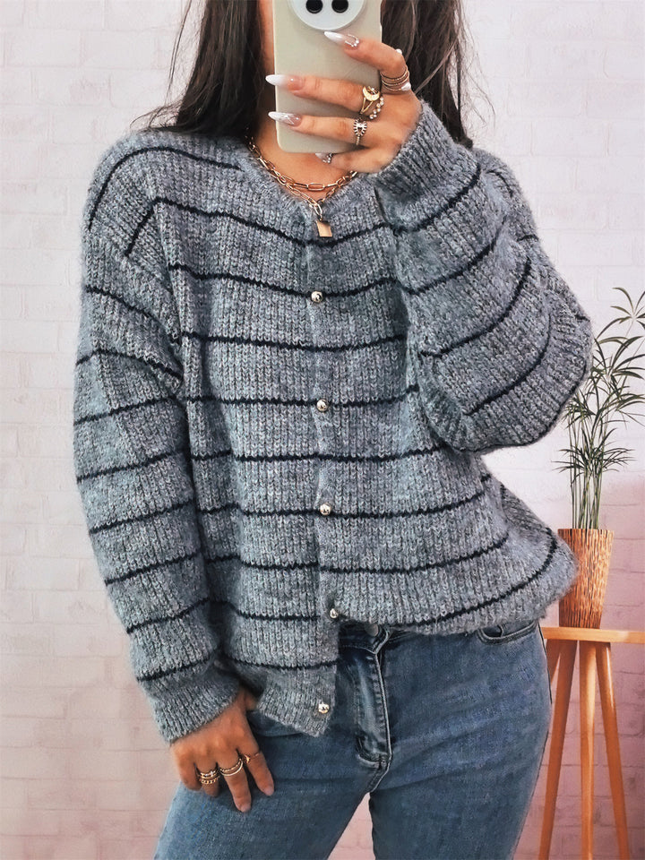 Damen gemütlicher Strickcardigan mit dekorativen Knöpfen und feinem Streifenmuster Drune