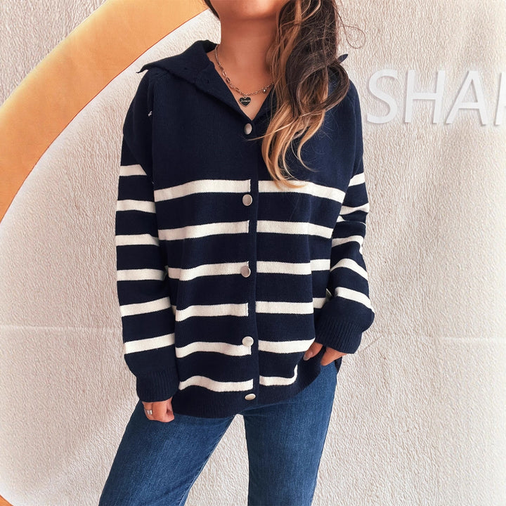 Damen gestreifter Strickcardigan mit Kapuze und Knopfdetails Drune