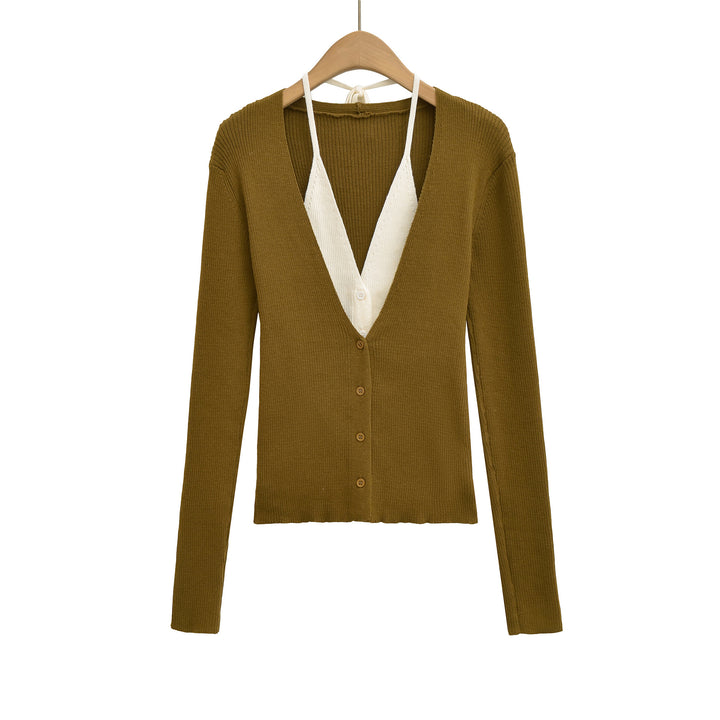 Damen eleganter Strick-Cardigan mit tiefem V-Ausschnitt und kontrastierendem Innenfutter Drune