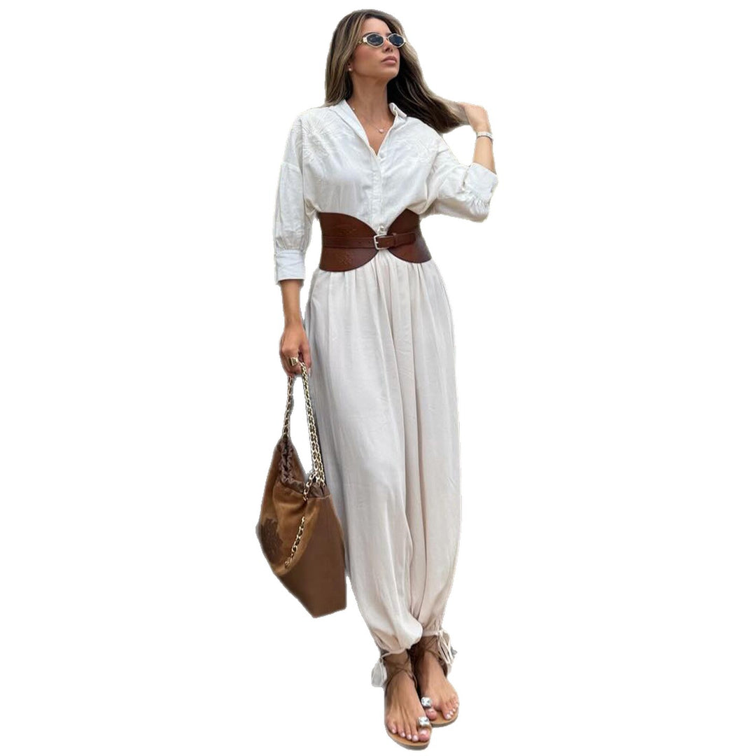 Damen voluminöser Jumpsuit mit eleganter Knopfbluse und Taillengürtel Drune