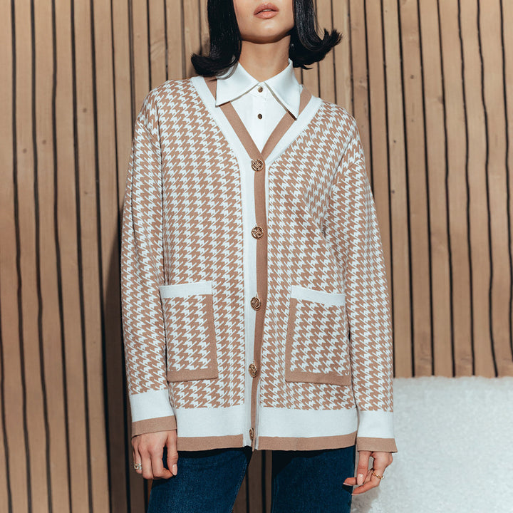 Damen Hüftlanger Strickcardigan mit Knopfverschluss und praktischen Taschen Drune