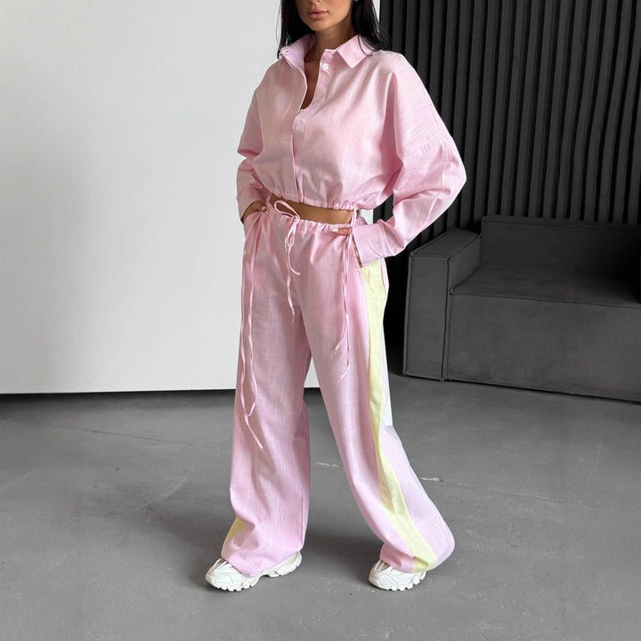 Damen lässiges Set mit cropped Bluse und weitem Hose Drune