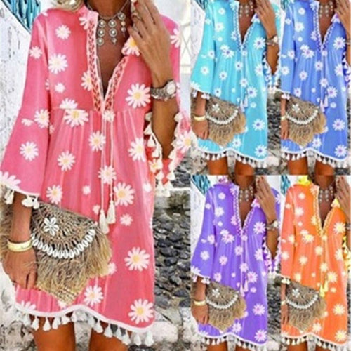 Damen Strandkleid mit floralen Motiven und Quastenverzierungen Drune