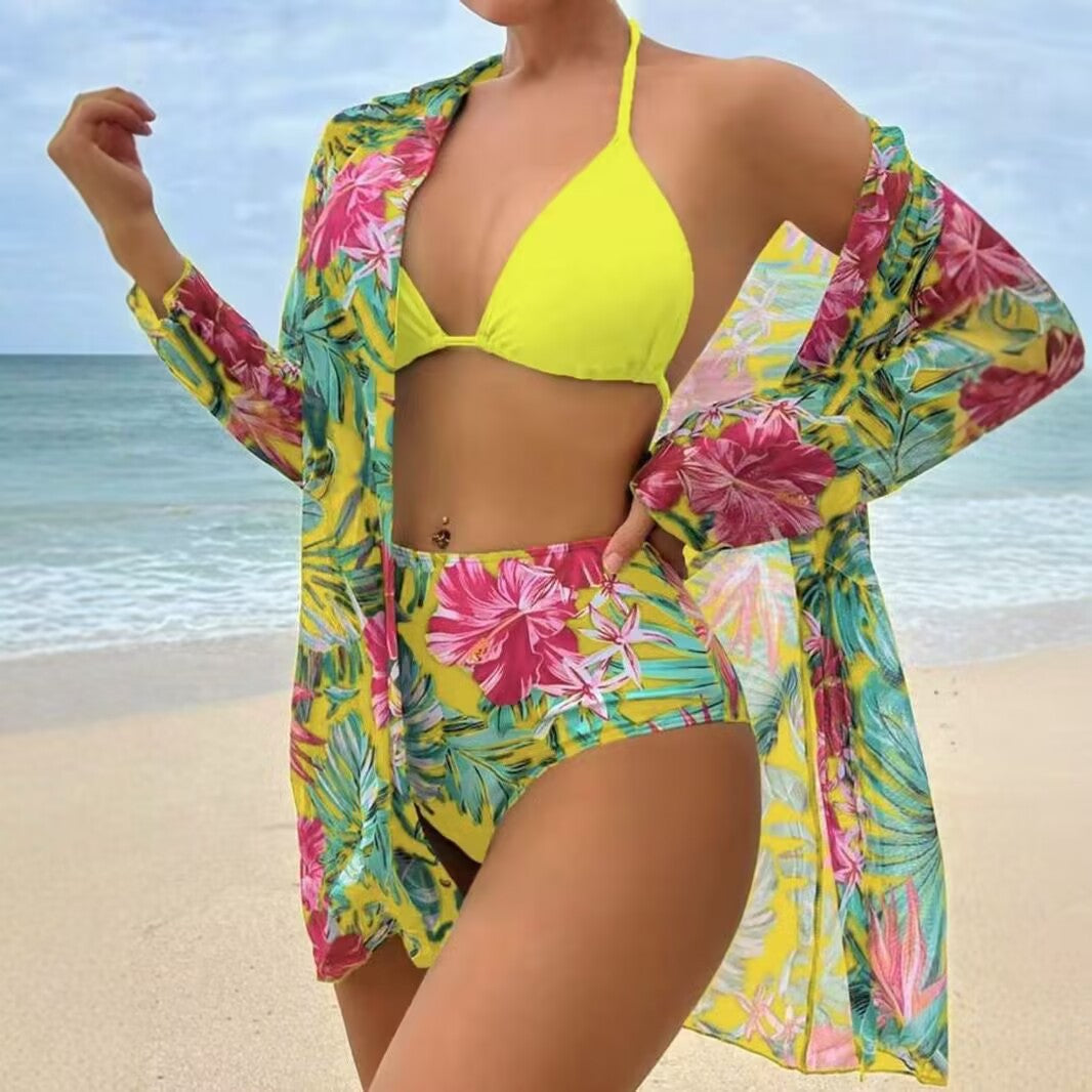 Damen Bikiniset mit floralem Muster und transparenter Strandüberwurf Drune