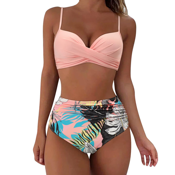 Damen Hochtailliertes Bikini-Set mit floralem Oberteil und gerafftem Höschen Drune