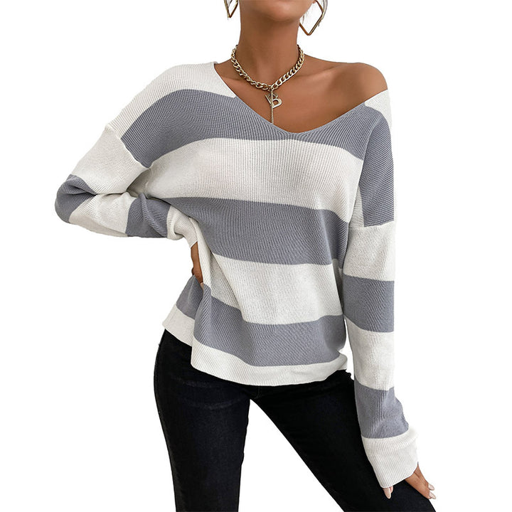Damen lässiger Strickpullover mit V-Ausschnitt und Blockstreifen Drune