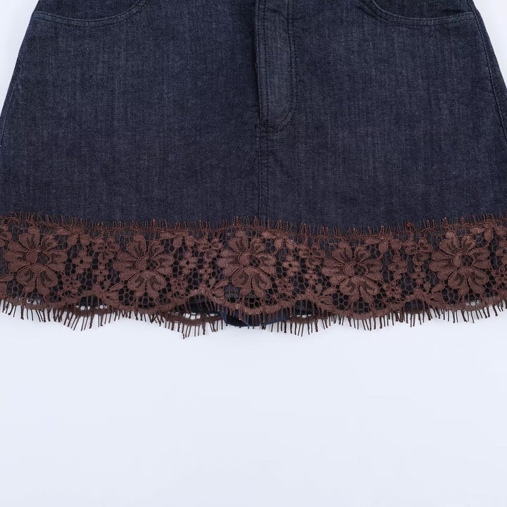 Damen Denimrock mit floraler Spitzenverzierung und fransigem Saum Drune
