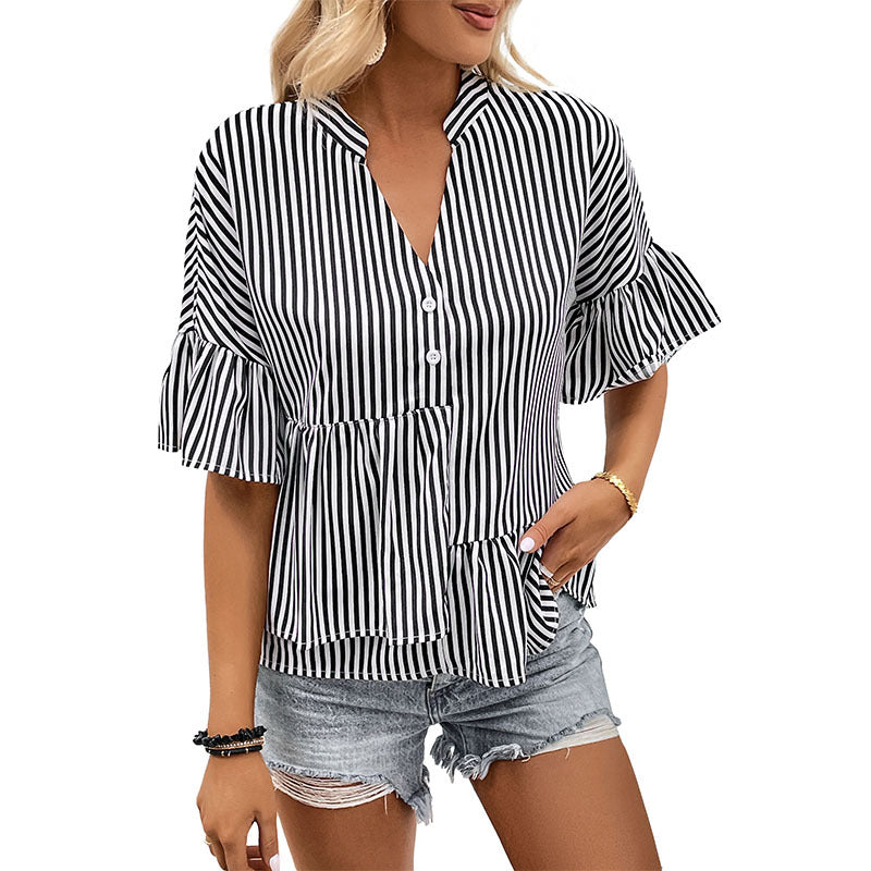 Damen gestreiftes Blusenshirt mit Rüschendetails und Taschen Drune