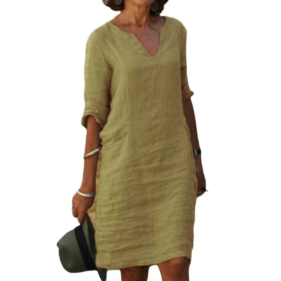 Damen Leichtes Sommerkleid mit eleganter V-Ausschnitt-Front und praktischen Seitentaschen Drune