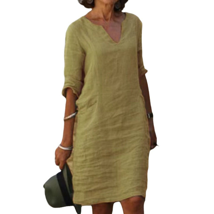 Damen Leichtes Sommerkleid mit eleganter V-Ausschnitt-Front und praktischen Seitentaschen Drune