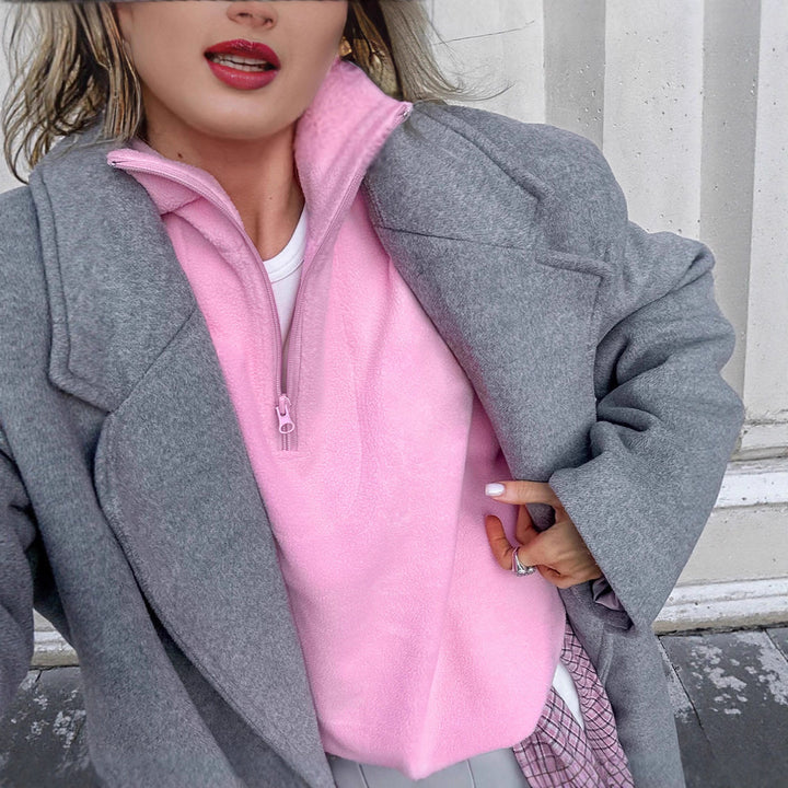 Damen Fleece Sweatpullover mit modernem Stehkragen und halbem Reißverschluss Drune
