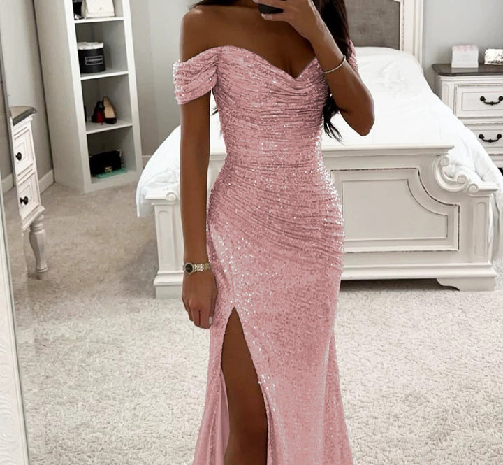 Damen Glitzerndes Off-Shoulder Abendkleid mit seitlichem Schlitz Drune