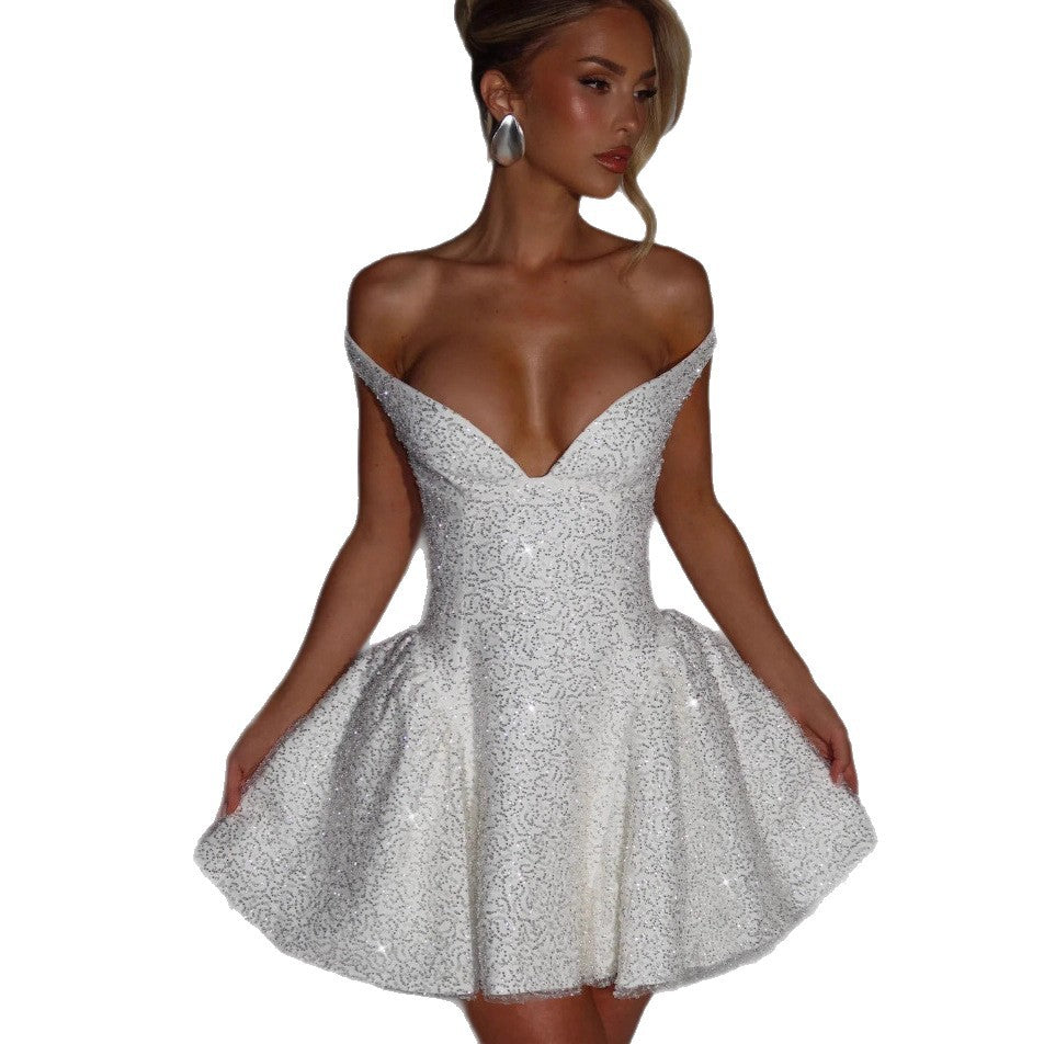 Damen Glamouröses Cocktailkleid mit schulterfreiem Design und funkelndem Paillettenbesatz Drune