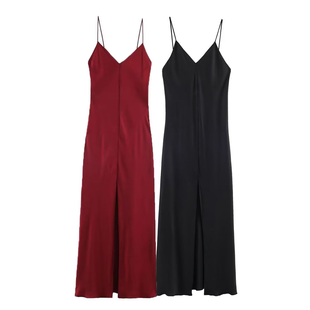 Damen elegantes Maxikleid mit schickem V-Ausschnitt und seitlichem Schlitz Drune