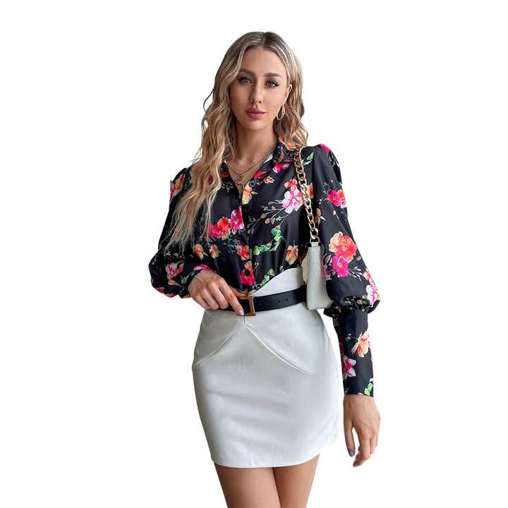Damen elegante Bluse mit floralen Mustern und Puffärmeln Drune