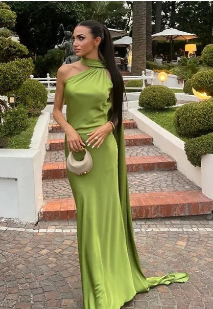 Damen elegantes Abendkleid mit einseitigem Cape und raffinierter Drapierung Drune