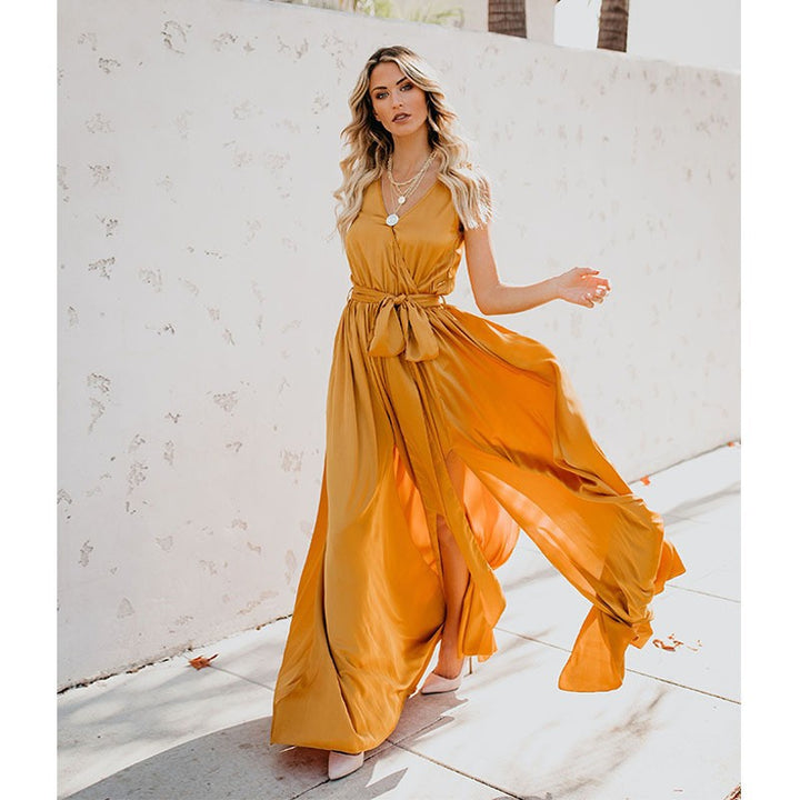Damen Maxikleid mit hoher Teilung und elegantem Taillengürtel Drune