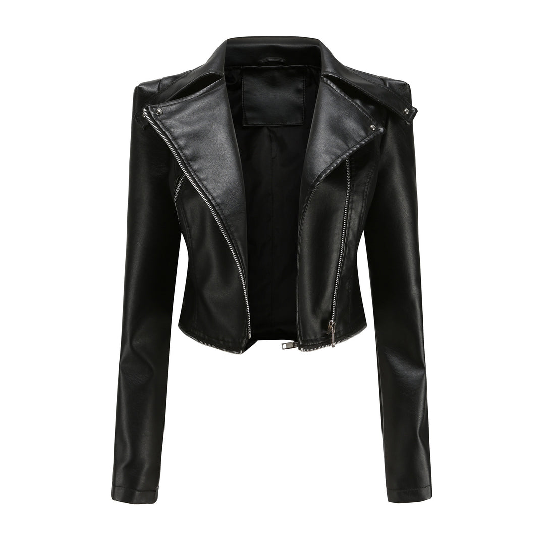 Damen nan taillierte Bikerjacke aus Kunstleder mit asymmetrischem Reißverschluss und Zier-Epauletten Drune