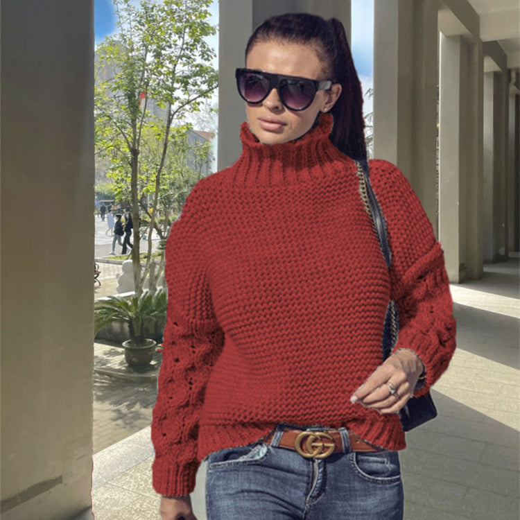 Damen Grobstrickpullover mit hohem Kragen und modischen Zopfdetails Drune