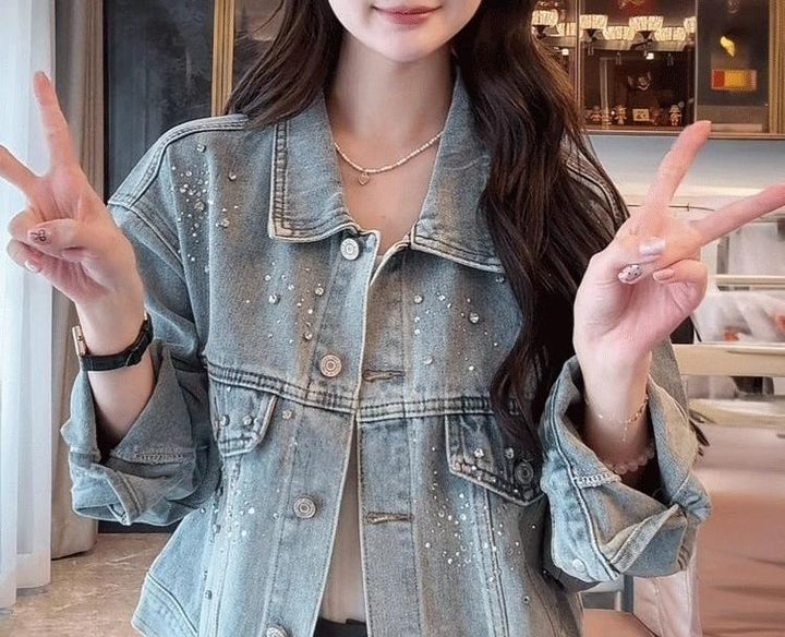 Damen Denimjacke mit dekorativen Perlen Drune