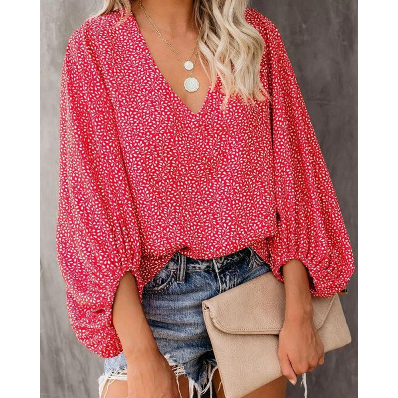 Damen Modische Bluse mit weitem Arm und V-Ausschnitt Drune