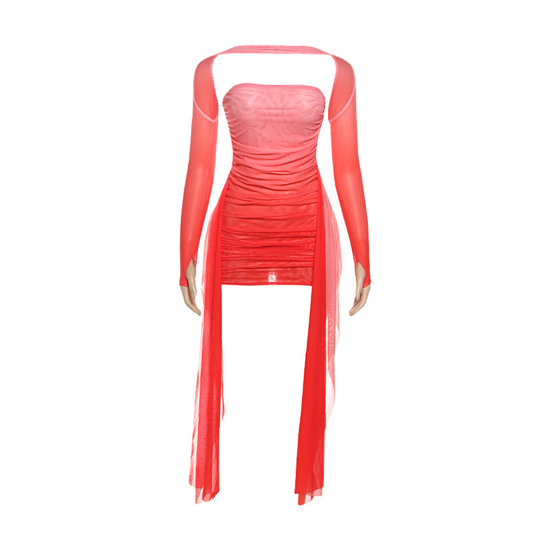 Damen Elegantes Minikleid mit raffinierten Rüschen und transparenten Ärmeln Drune