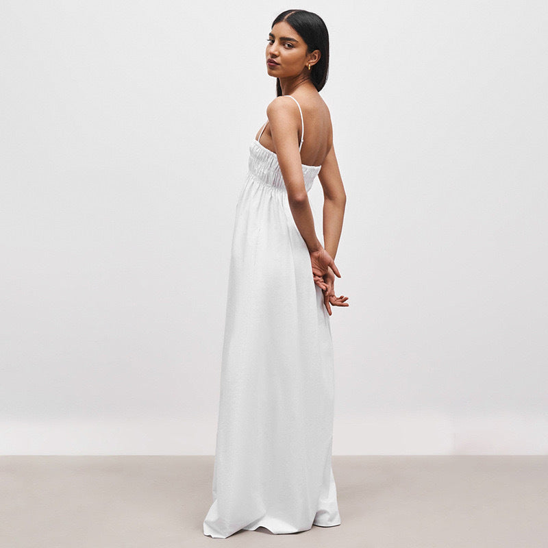 Damen Maxi-Kleid mit gerafftem Oberteil und seitlichen Taschen Drune