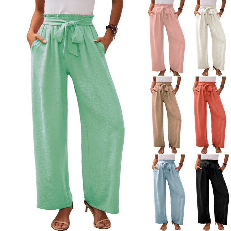 Damen nan Paperbag-Hose mit weitem Bein, hohem elastischem Bund und Bindegürtel Drune