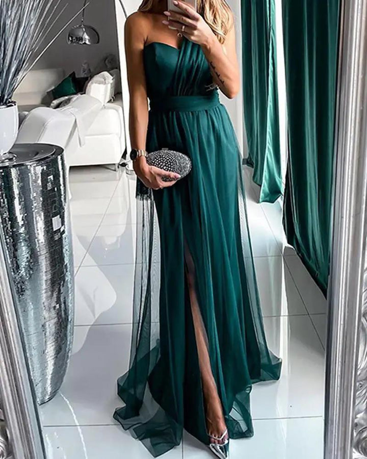 Damen Elegantes Abendkleid mit schulterfreiem Schnitt und hohem Beinschlitz Drune