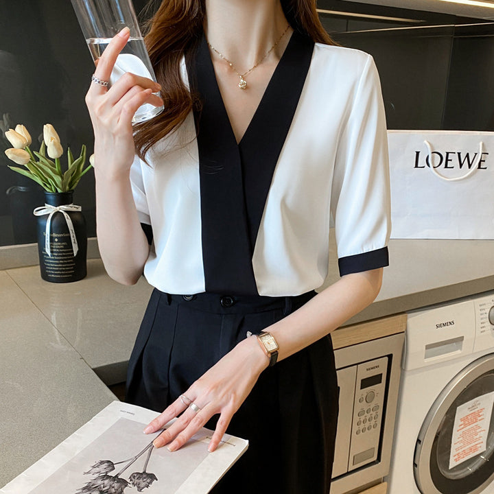 Damen Bluse mit modernem V-Ausschnitt und eleganter Farbkontrast Drune