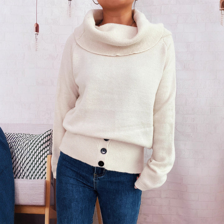 Damen Pullover mit weichem Kragen und dekorativen Knöpfen Drune