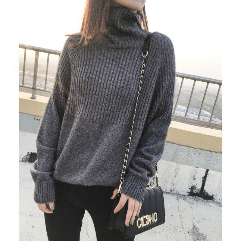 Damen Strickpullover mit hohem Kragen und Rippstruktur Drune