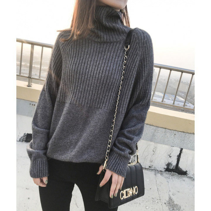 Damen Strickpullover mit hohem Kragen und Rippstruktur Drune