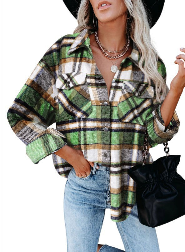 Damen Karierter Overshirt mit Knöpfen und Brusttaschen Drune