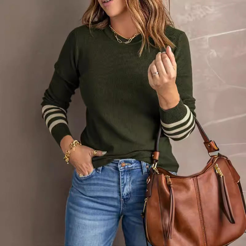 Damen modischer Pullover mit gestreiften Ärmeln und Rundhalsausschnitt Drune