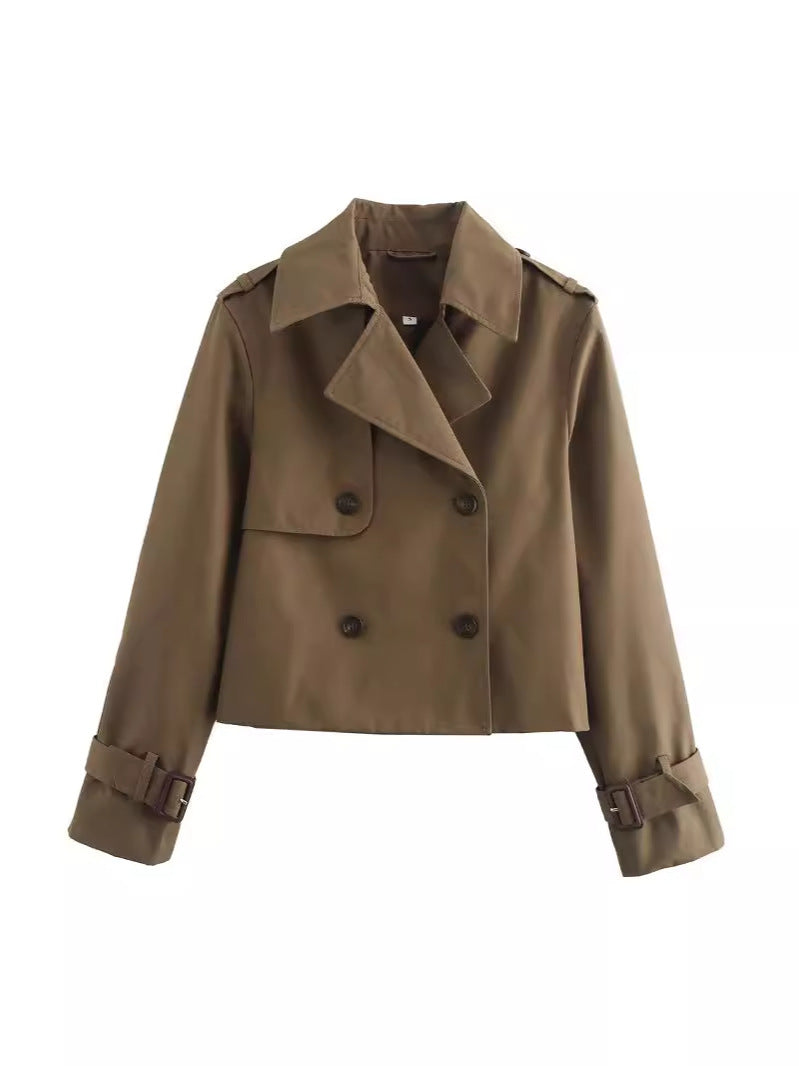 Damen cropped Trenchcoat mit doppelter Knopfleiste und verstellbaren Ärmeln Drune