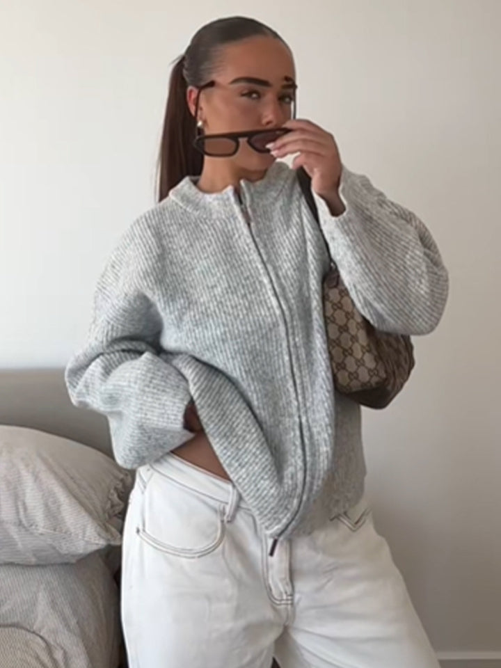 Damen kuschelige Strickjacke mit hohem Kragen und Reißverschluss Drune
