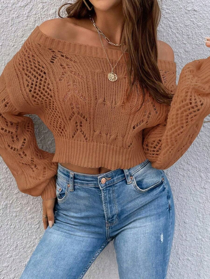 Damen Cropped Strickpullover mit modernem Ajour-Muster und breiten Ärmeln Drune