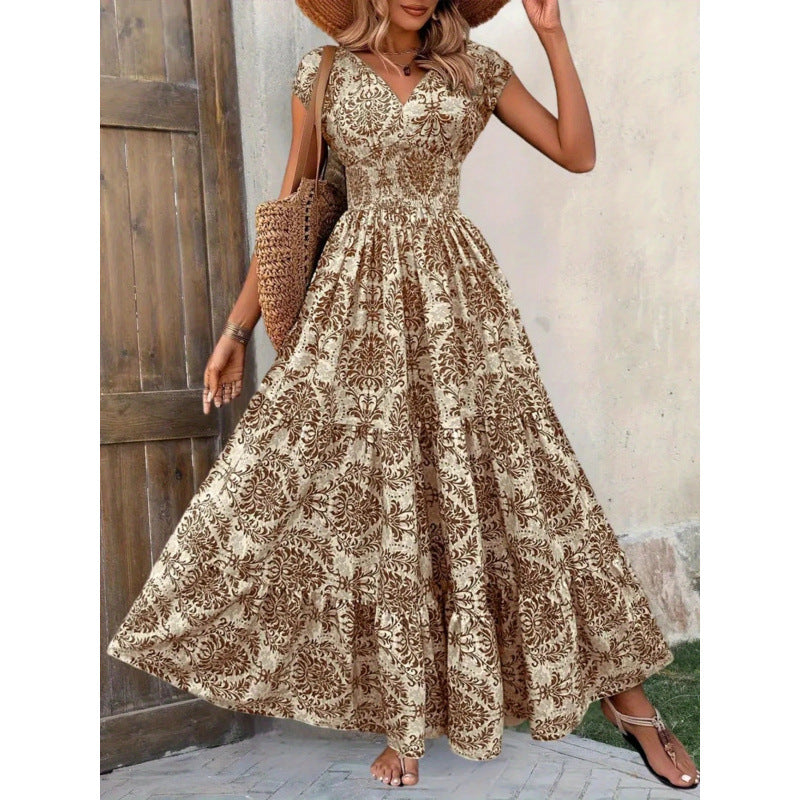 Damen Maxikleid mit nostalgischem Blumenmuster und voluminösem Rock Drune