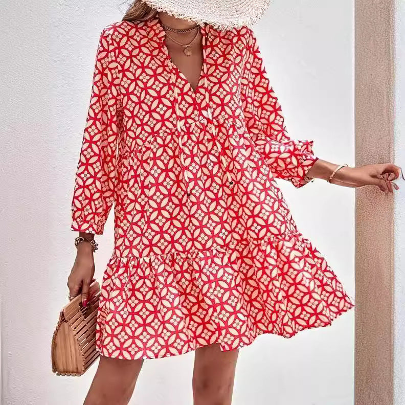 Damen Boho-Style Sommerkleid mit fließendem Schnitt und Rüschendetails Drune