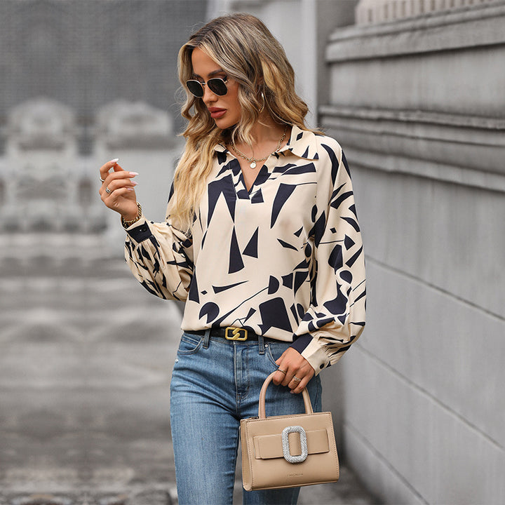 Damen lässige Bluse mit modischem geometrischen Muster und voluminösen Ärmeln Drune