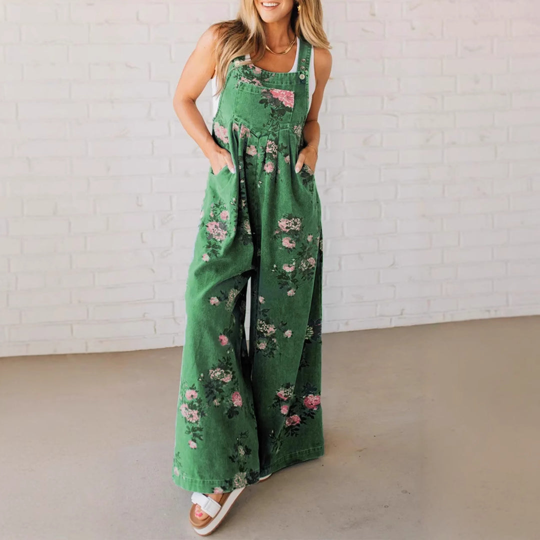 Damen Baumwoll-Overall mit floralem Druck und weiten Beinen Drune