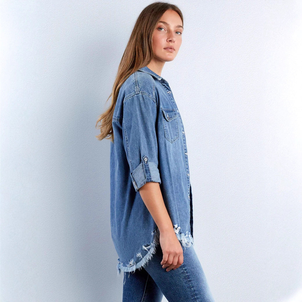 Damen Denim-Bluse mit Herz-Applikation und fransigem Saum Drune
