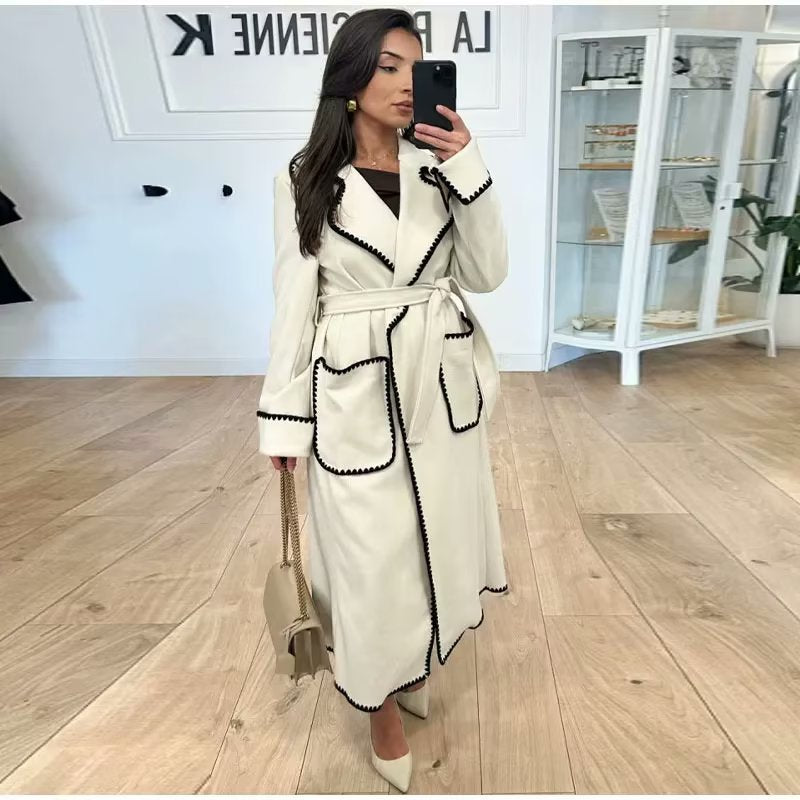 Damen elegante Übergangsjacke mit dekorativem Gürtel und hochwertigen Taschen Drune
