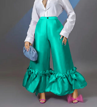 Damen elegante weite Hose mit voluminösem Rüschenabschluss Drune